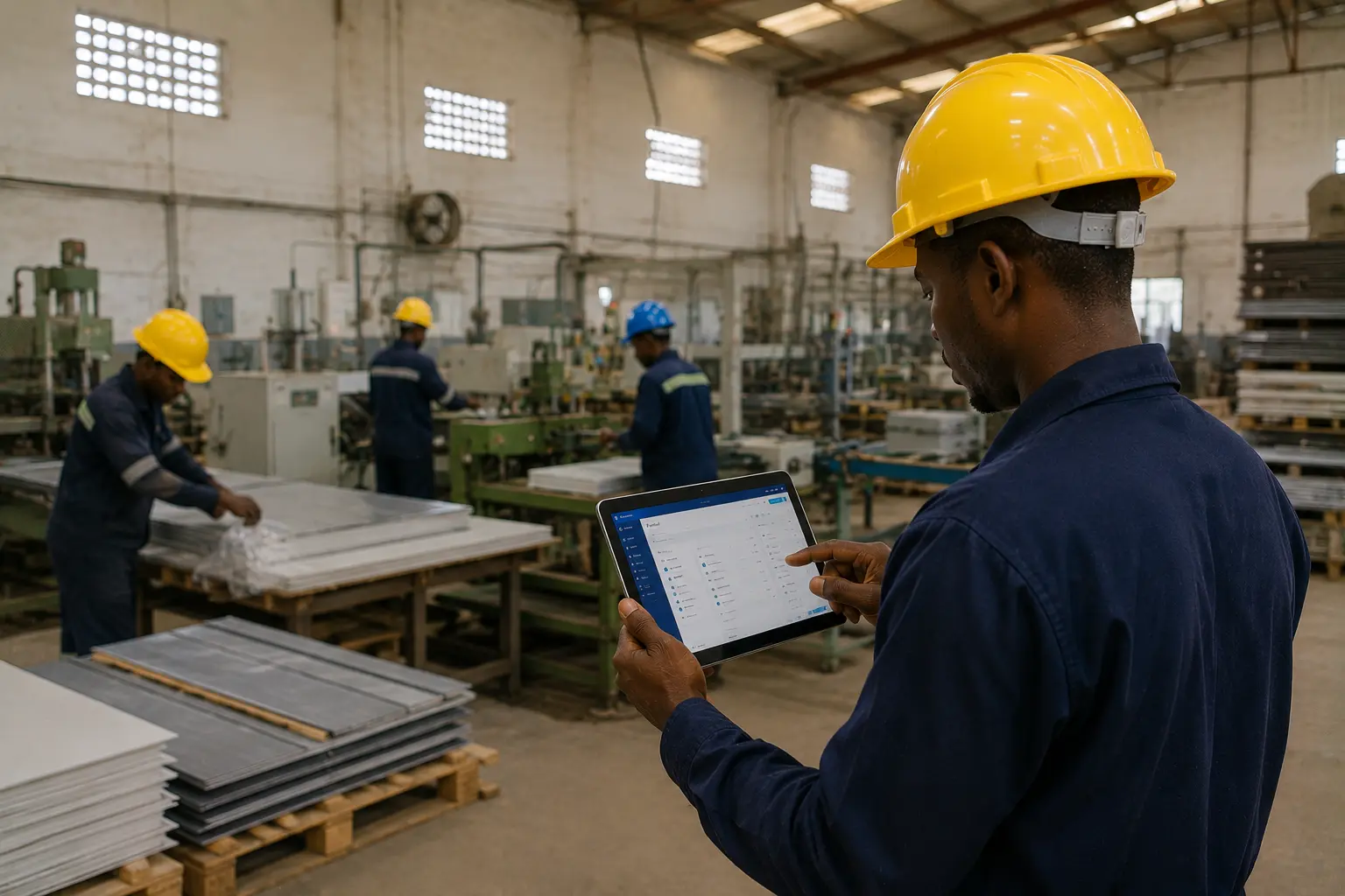 Operadores a acompanhar a produção numa unidade industrial