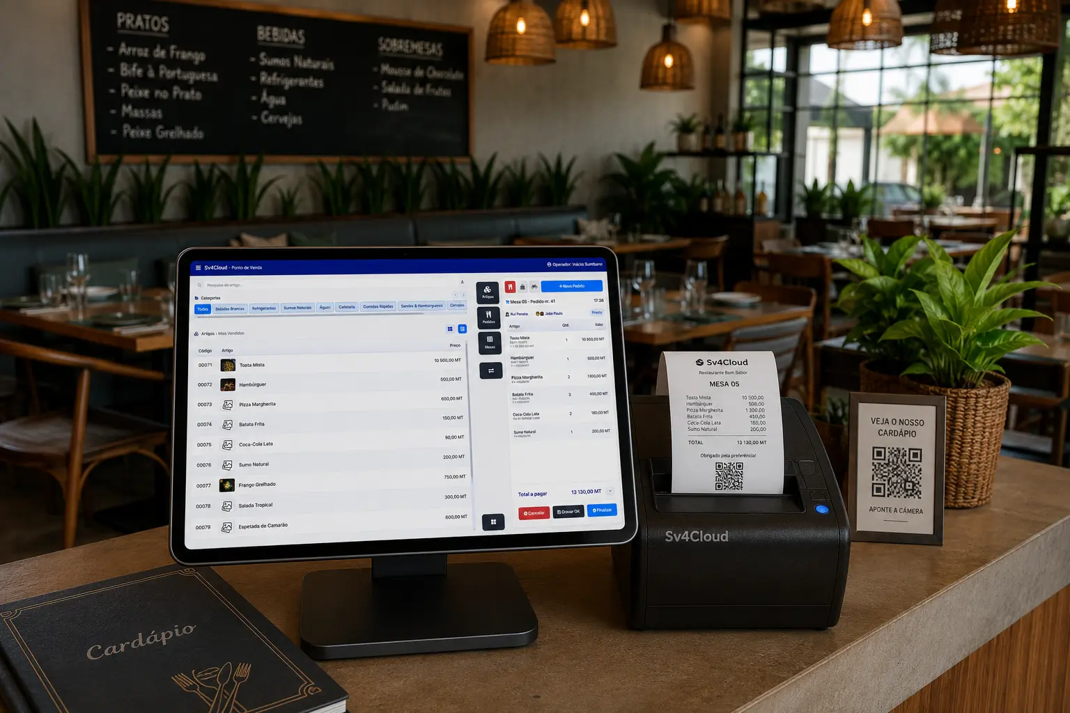 Equipa de restaurante a registar pedidos no sistema de mesas