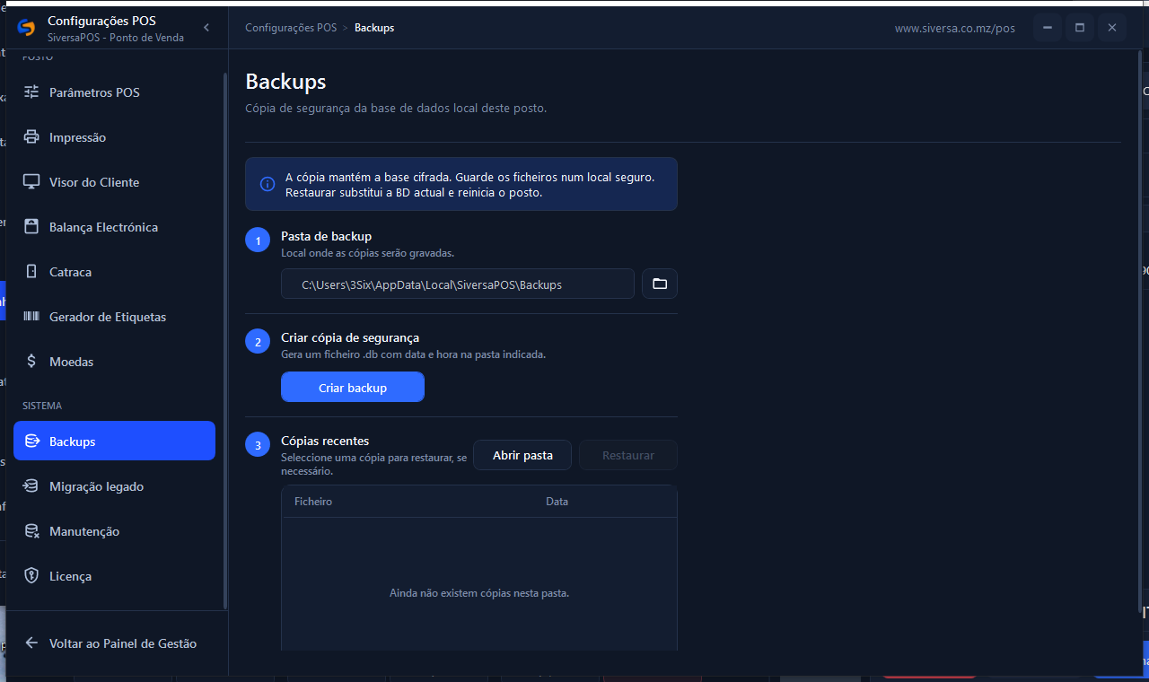 Figura · Backups. Pasta de destino, lista de cópias com data/hora e acções Criar backup / Restaurar.