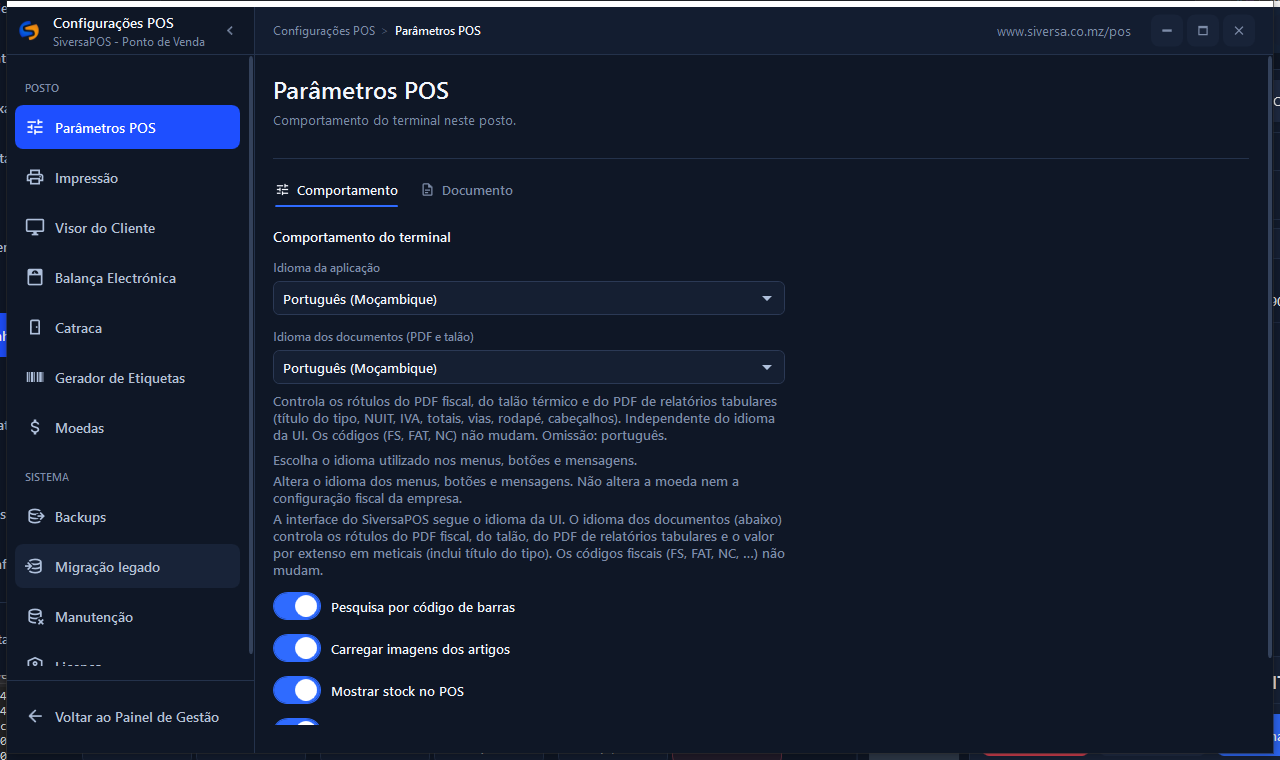 Figura · Configurações. Secções típicas: parâmetros POS, impressão, idioma, backups e licença.