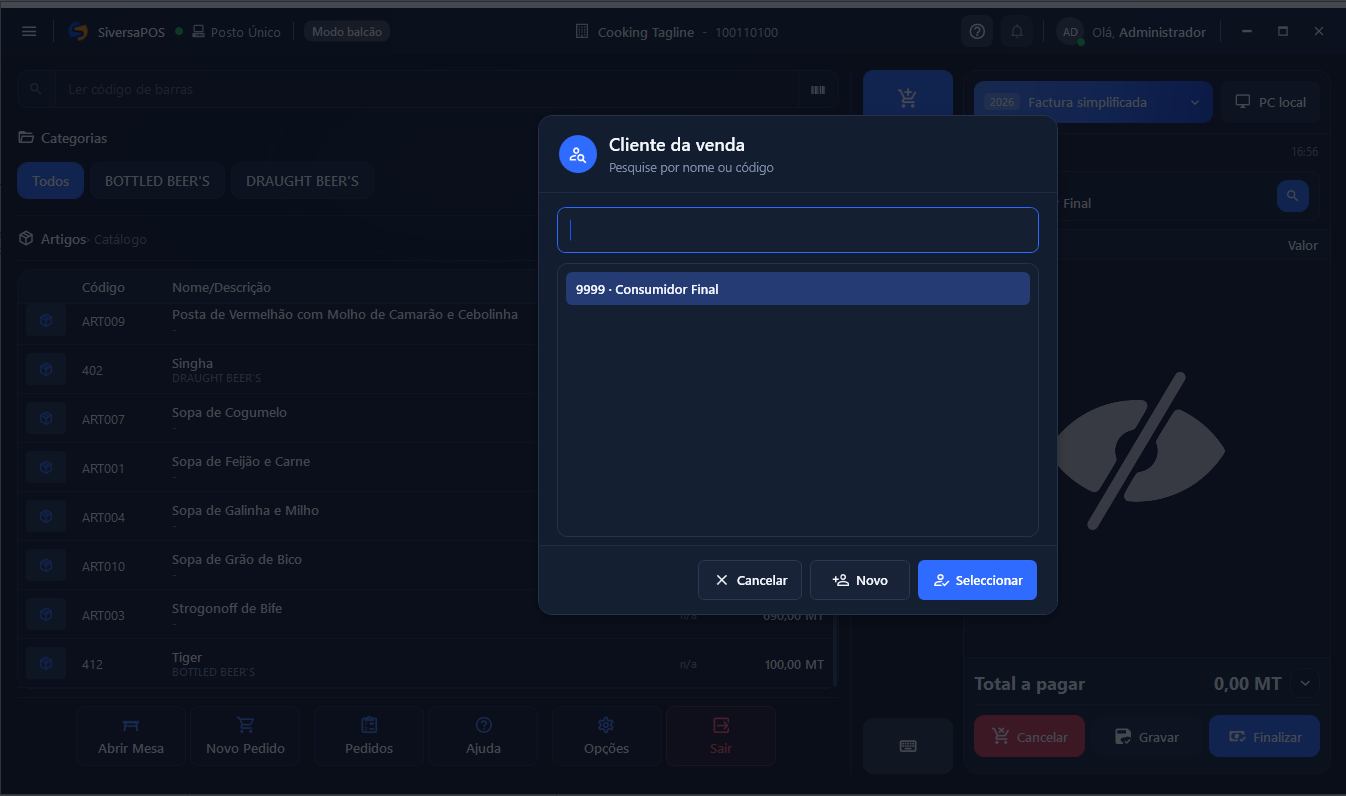Figura · Cliente na venda. Pesquisa por nome ou código; botão Novo abre o diálogo Novo cliente (nome, NUIT, telefone).
