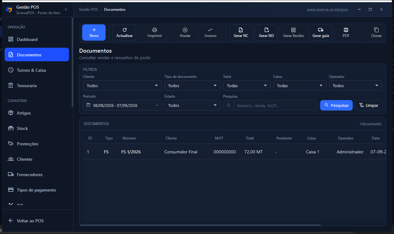 Figura · Documentos. Lista com filtros e barra Novo, Actualizar, Imprimir, PDF, Anular, Inverso, Gerar NC / ND, Gerar Recibo, Gerar guia, Clonar e Converter.