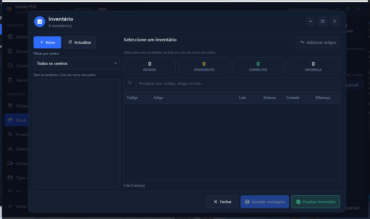 Figura · Inventário. Lista de rascunhos/finalizados, KPIs ARTIGOS / DIVERGENTES e colunas Sistema, Contada, Diferença.