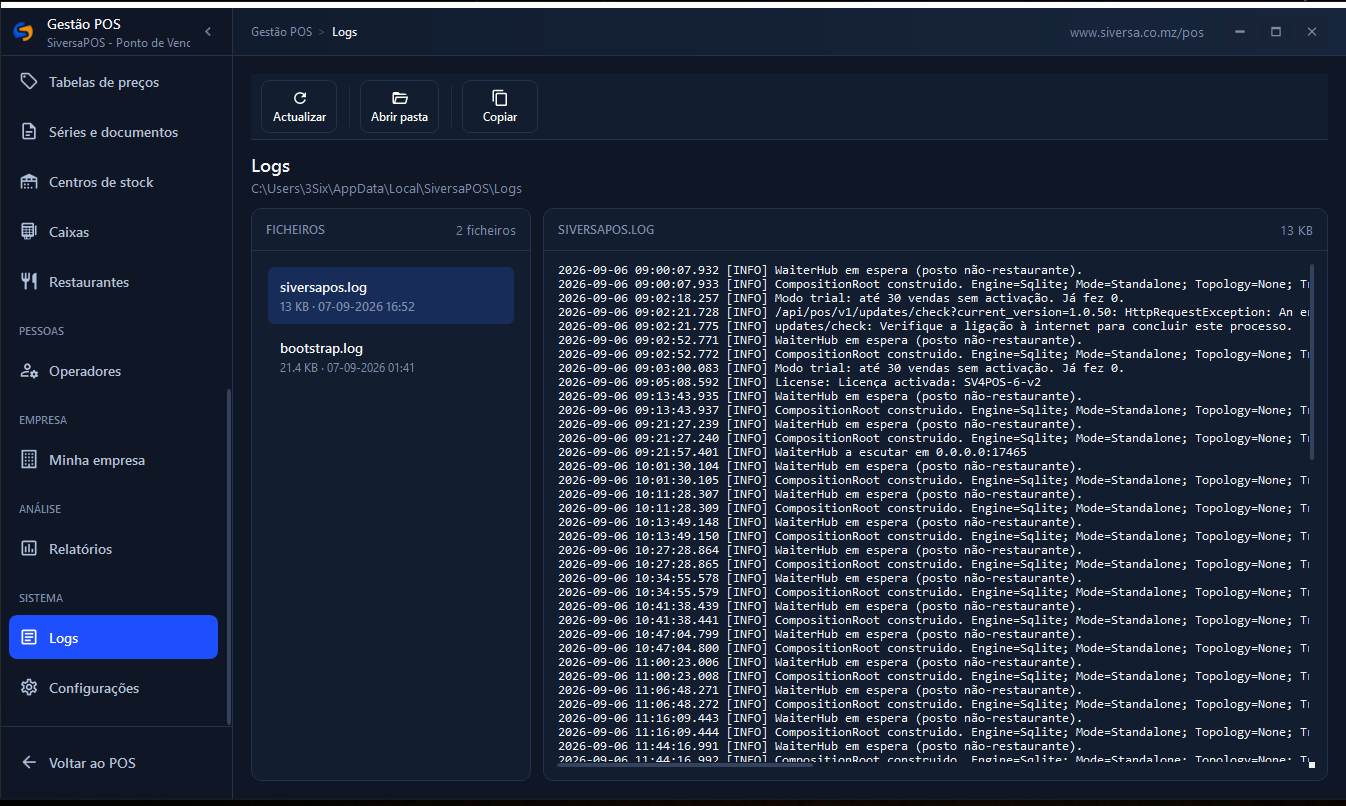 Figura · Logs. Lista de ficheiros à esquerda e conteúdo à direita; Actualizar, Abrir pasta e Copiar.