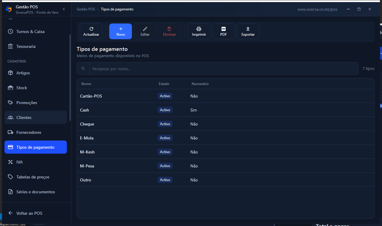 Figura · Tipos de pagamento. Lista de meios activos; drawer Novo / Editar tipo de pagamento.