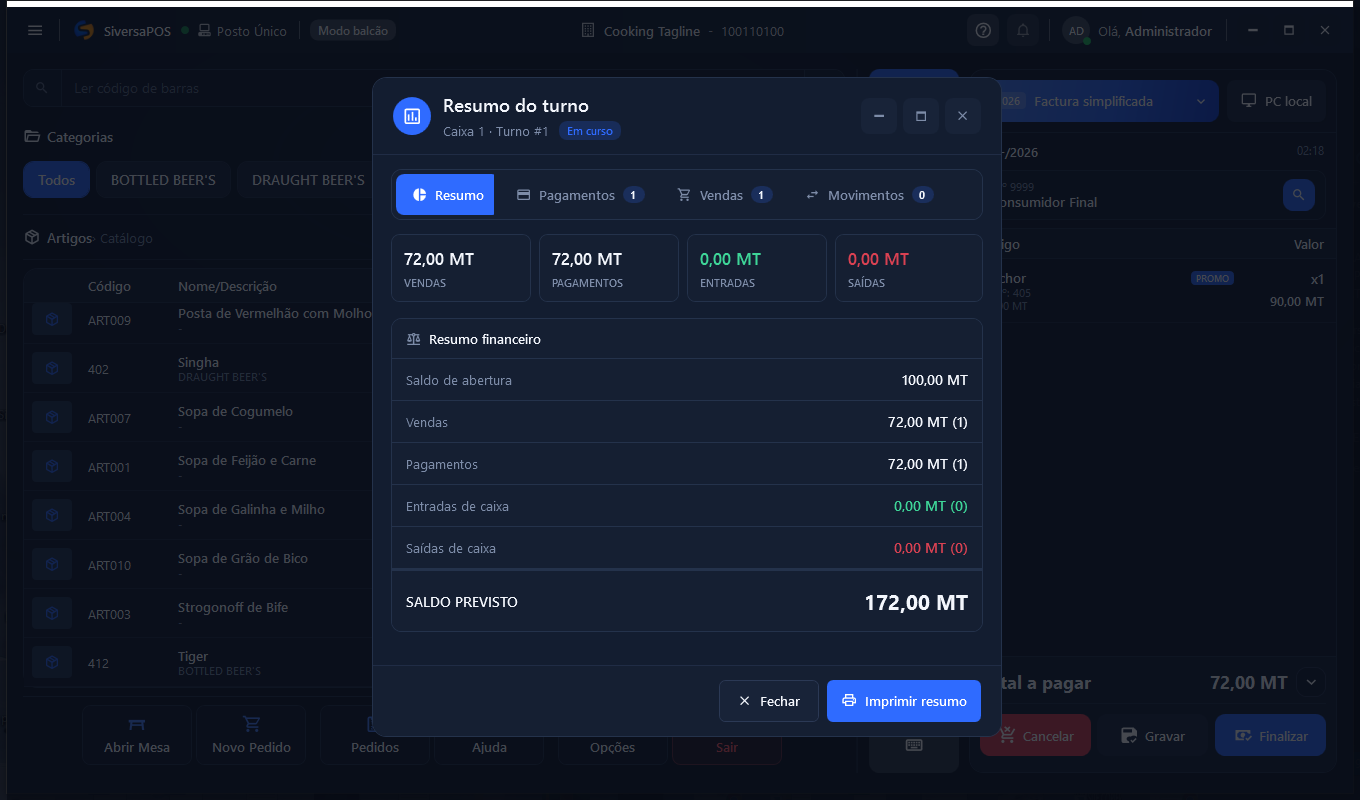 Figura · Resumo de Transações. Separadores com KPIs, listagens e totais por meio de pagamento.